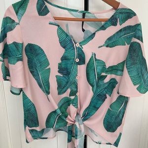 Tropical Print Tie Hem Blouse